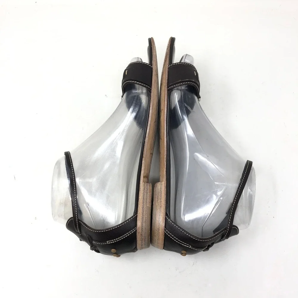 Tods Womens 38 Sandals Black Leather Ankle Strap Silver T-Bar Hardware Flat